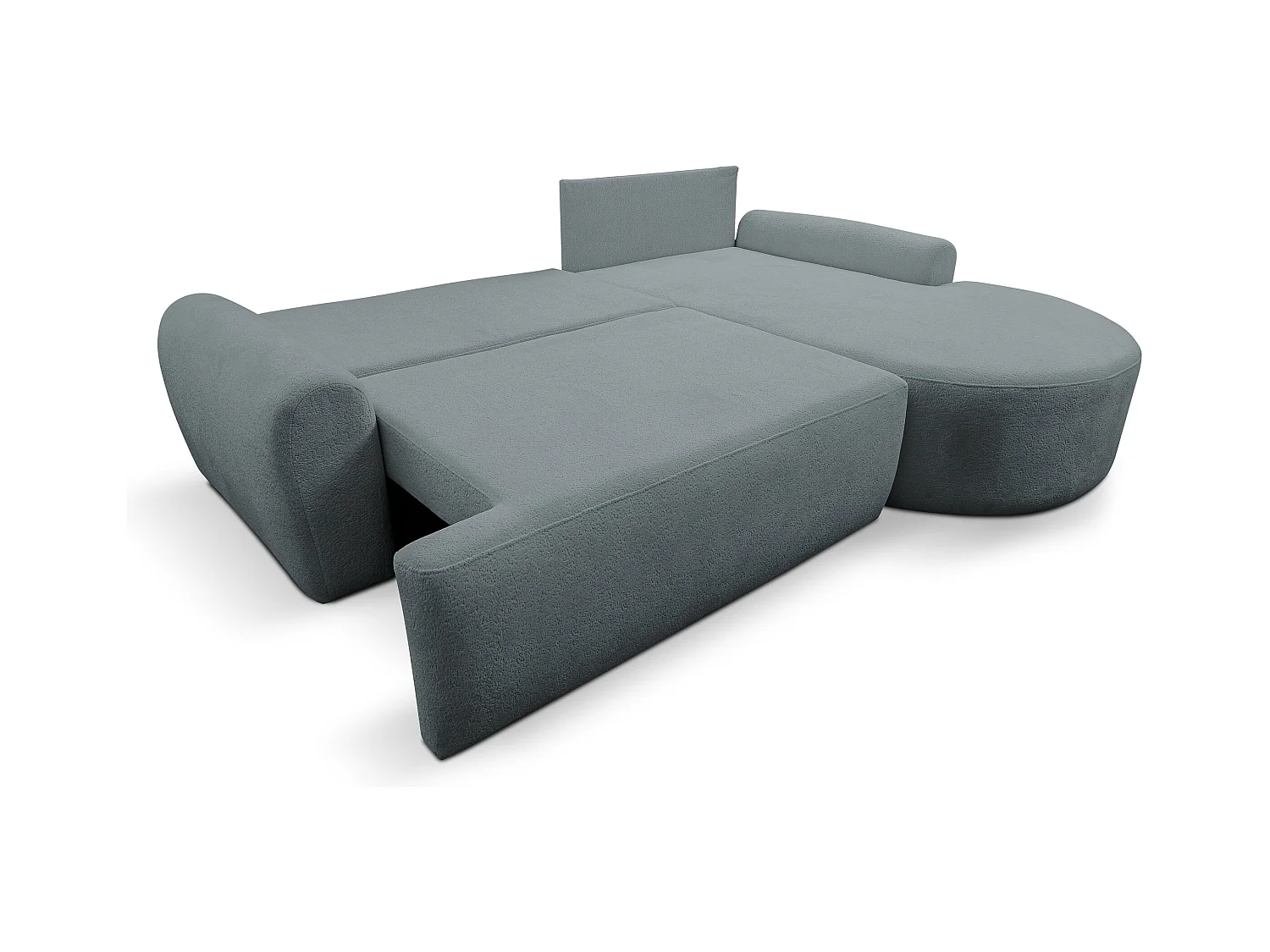 Canapé d'angle Dream avec fonction couchage et coffre de rangement, couleur : gris, tissu bouclé, ottomane à droite