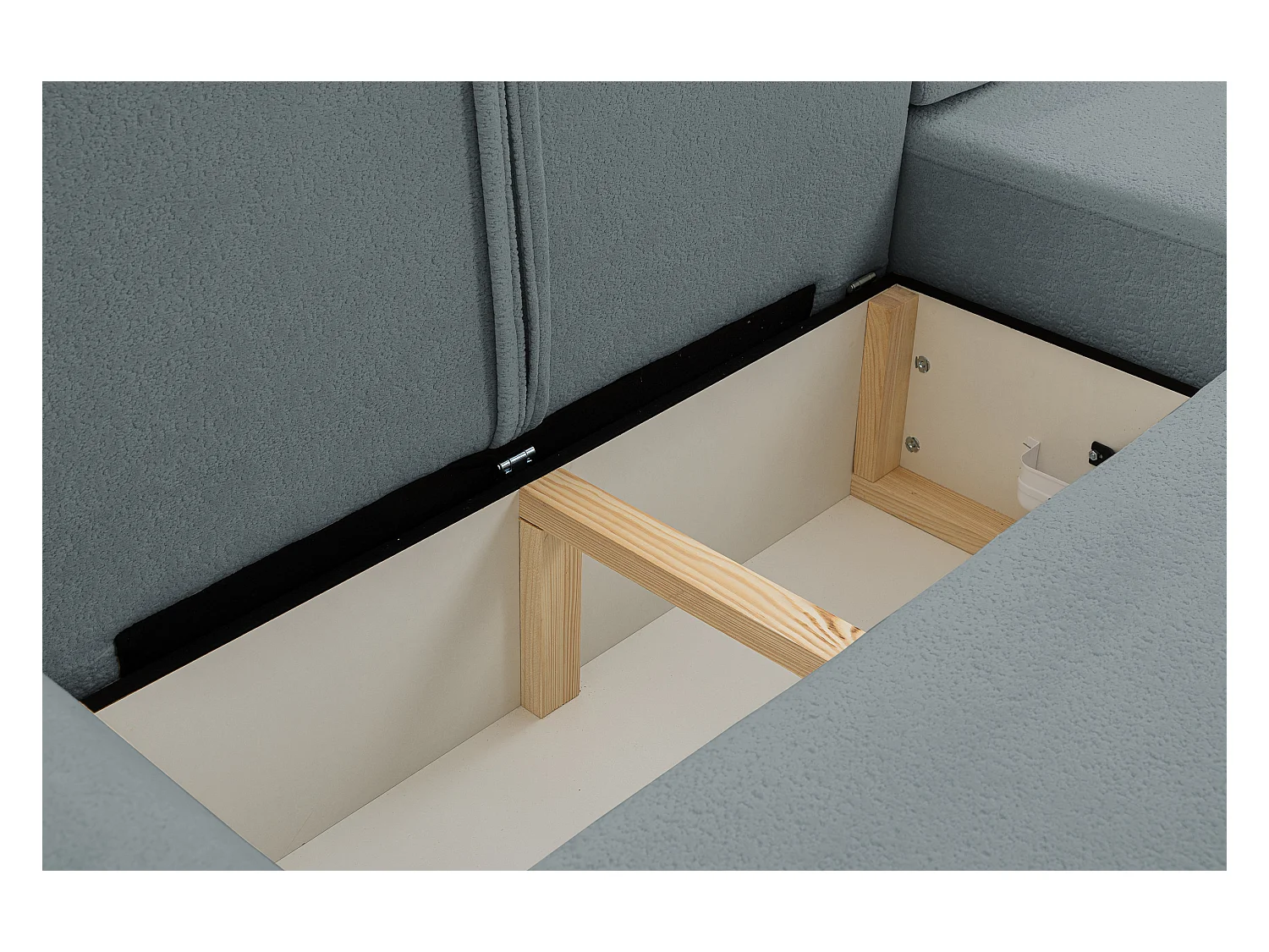 Canapé d'angle Dream avec fonction couchage et coffre de rangement, couleur : gris, tissu bouclé, ottomane à droite