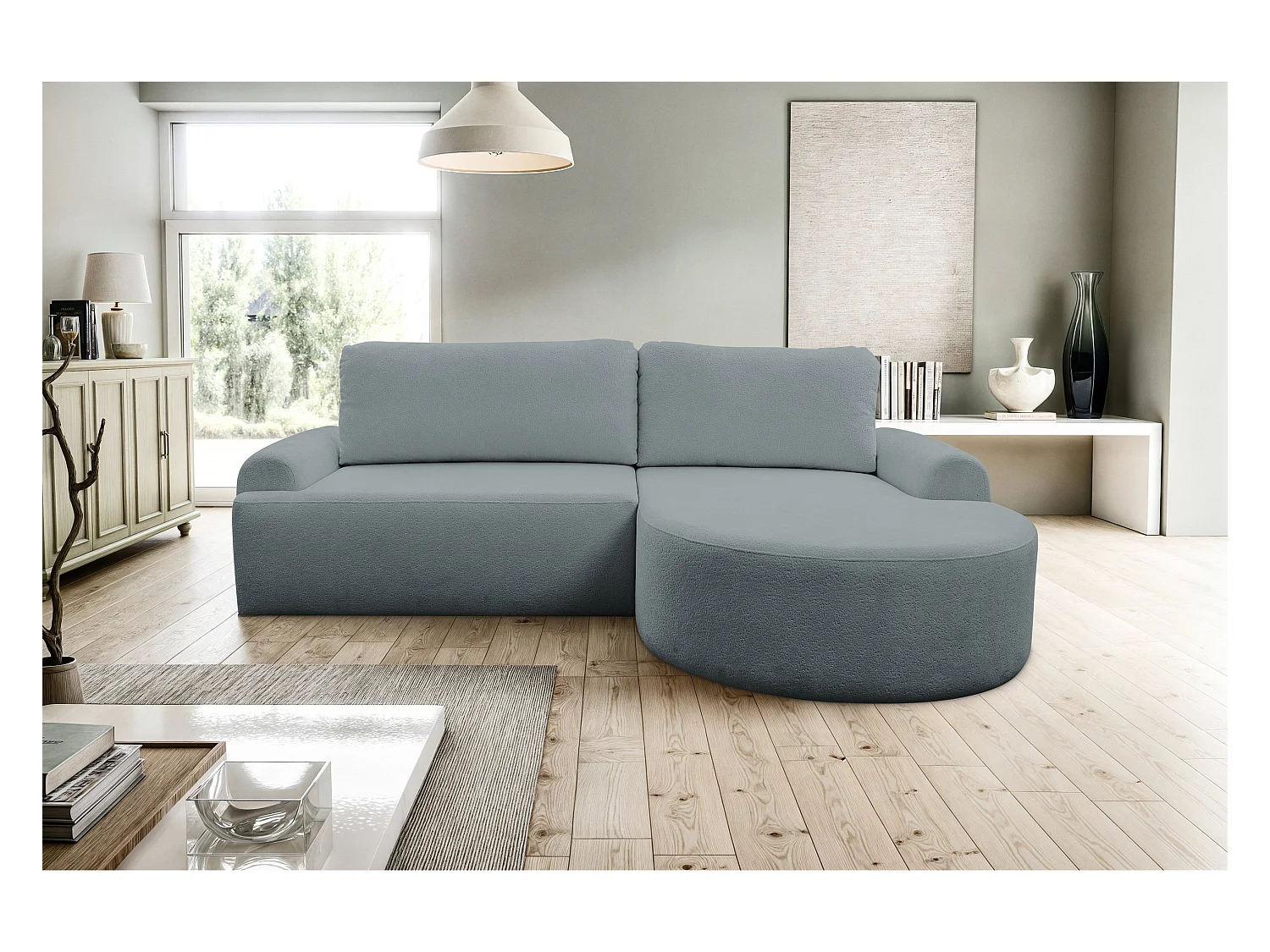 Canapé d'angle Dream avec fonction couchage et coffre de rangement, couleur : gris, tissu bouclé, ottomane à droite