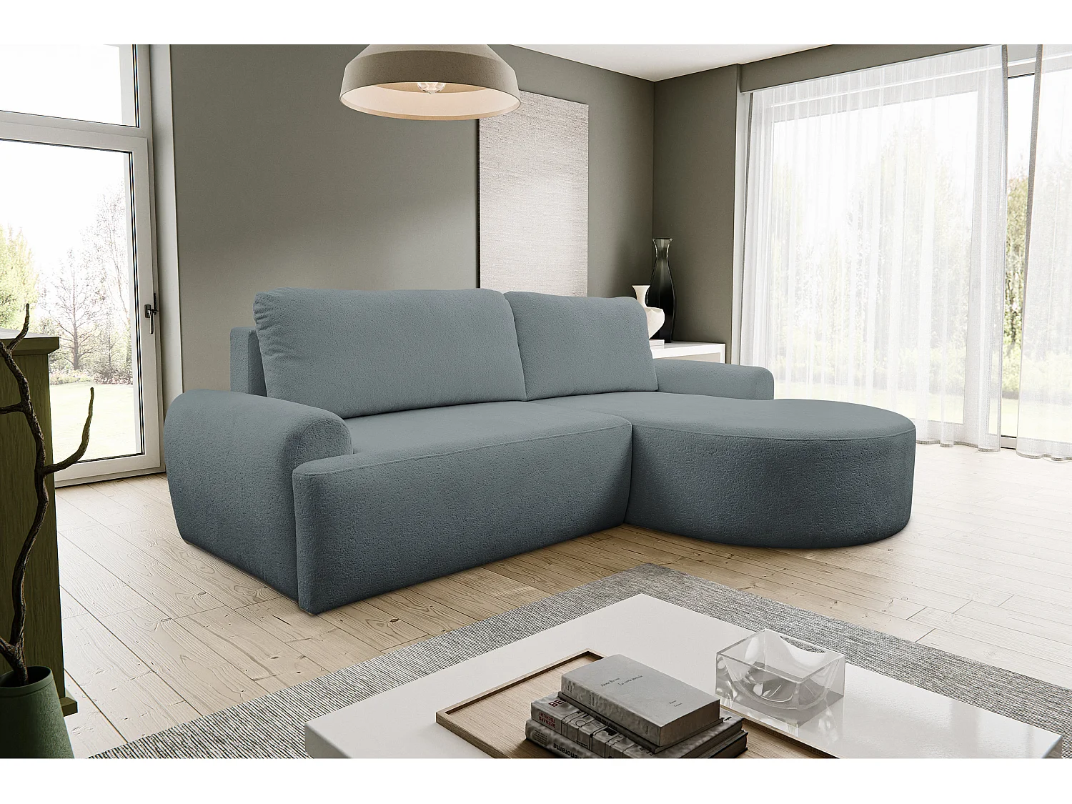 Canapé d'angle Dream avec fonction couchage et coffre de rangement, couleur : gris, tissu bouclé, ottomane à droite