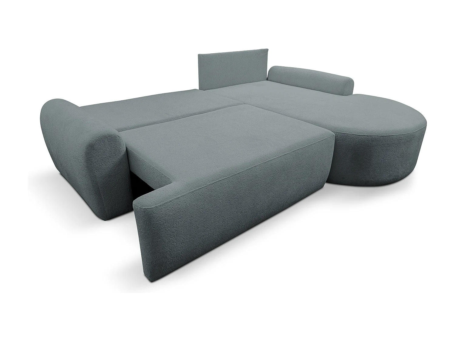 Canapé d'angle Dream avec fonction couchage et coffre de rangement, couleur : gris, tissu bouclé, ottomane à droite