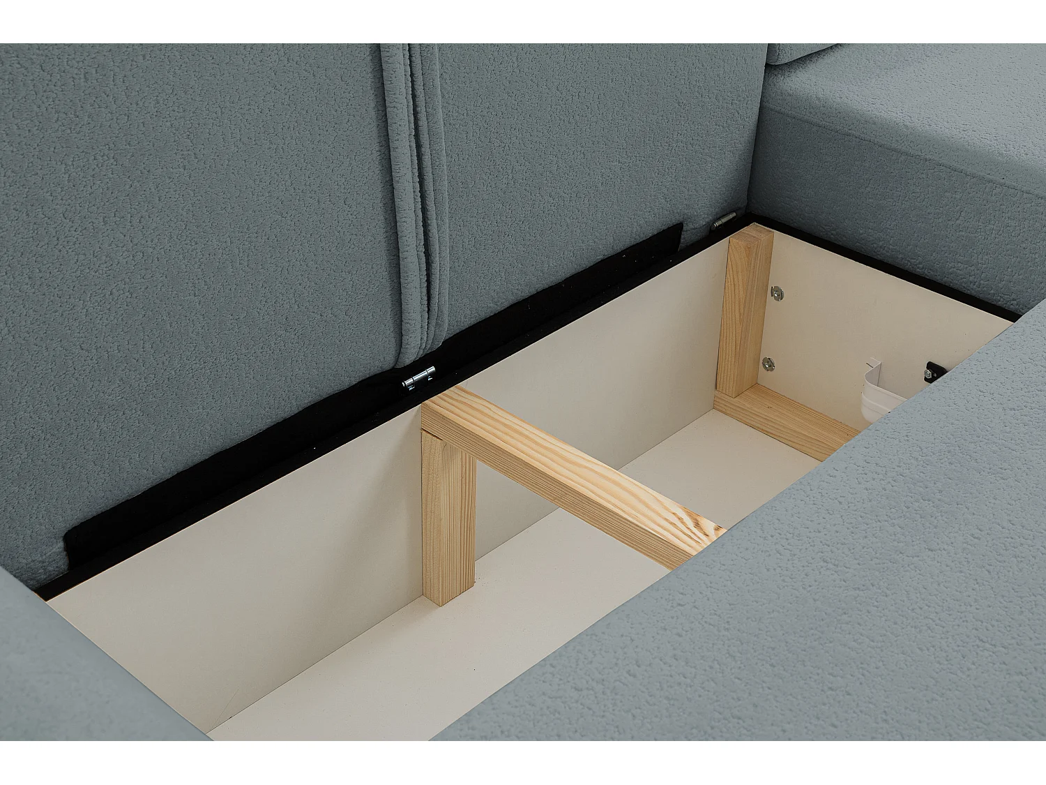 Canapé d'angle Dream avec fonction couchage et coffre de rangement, couleur : gris, tissu bouclé, ottomane à droite