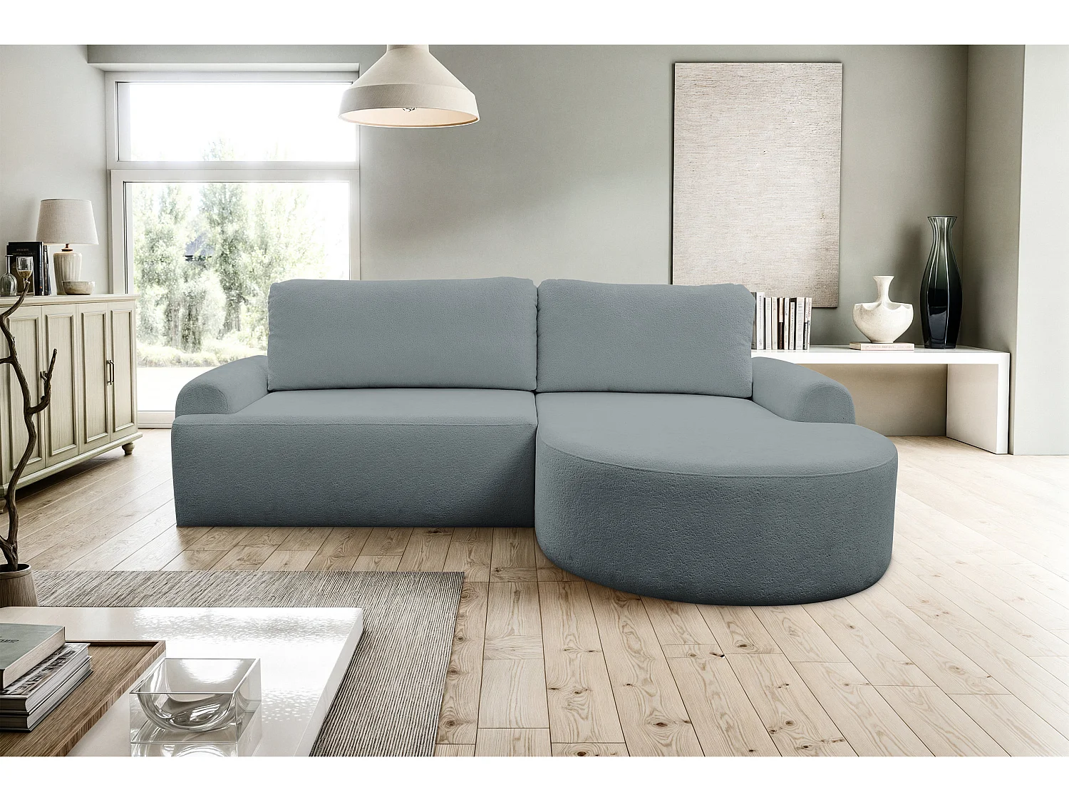 Canapé d'angle Dream avec fonction couchage et coffre de rangement, couleur : gris, tissu bouclé, ottomane à droite