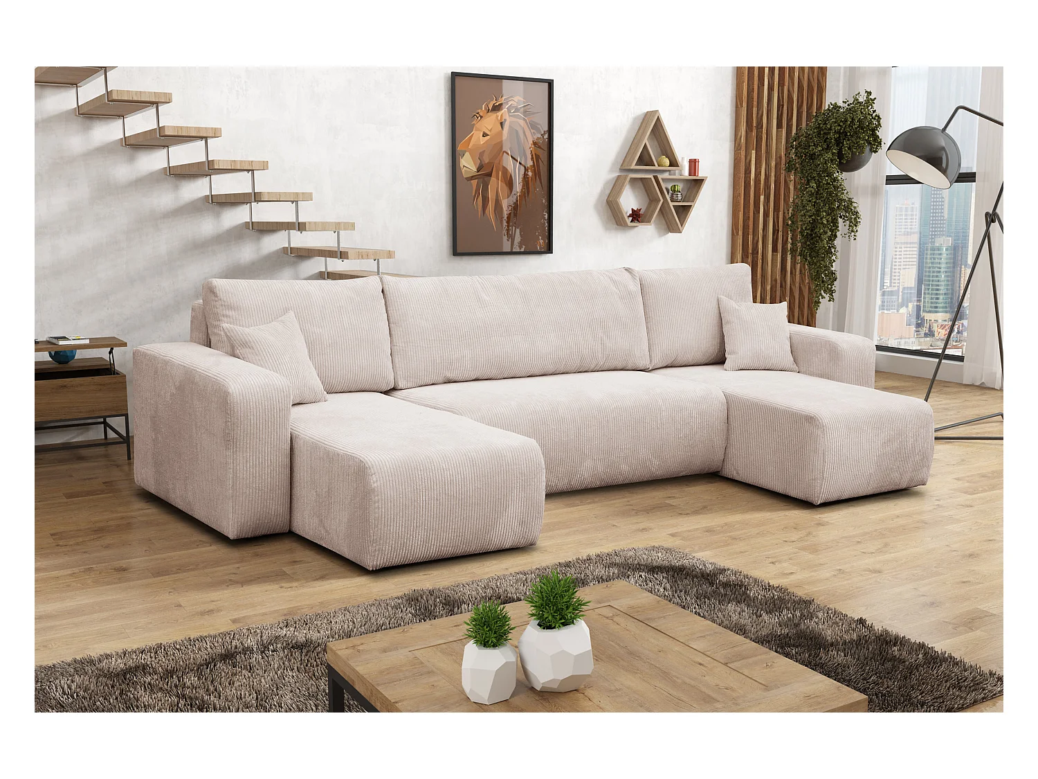 Ensemble de salon Luna U, canapé en U avec fonction couchage et coffre de rangement, couleur : beige, tissu cordé