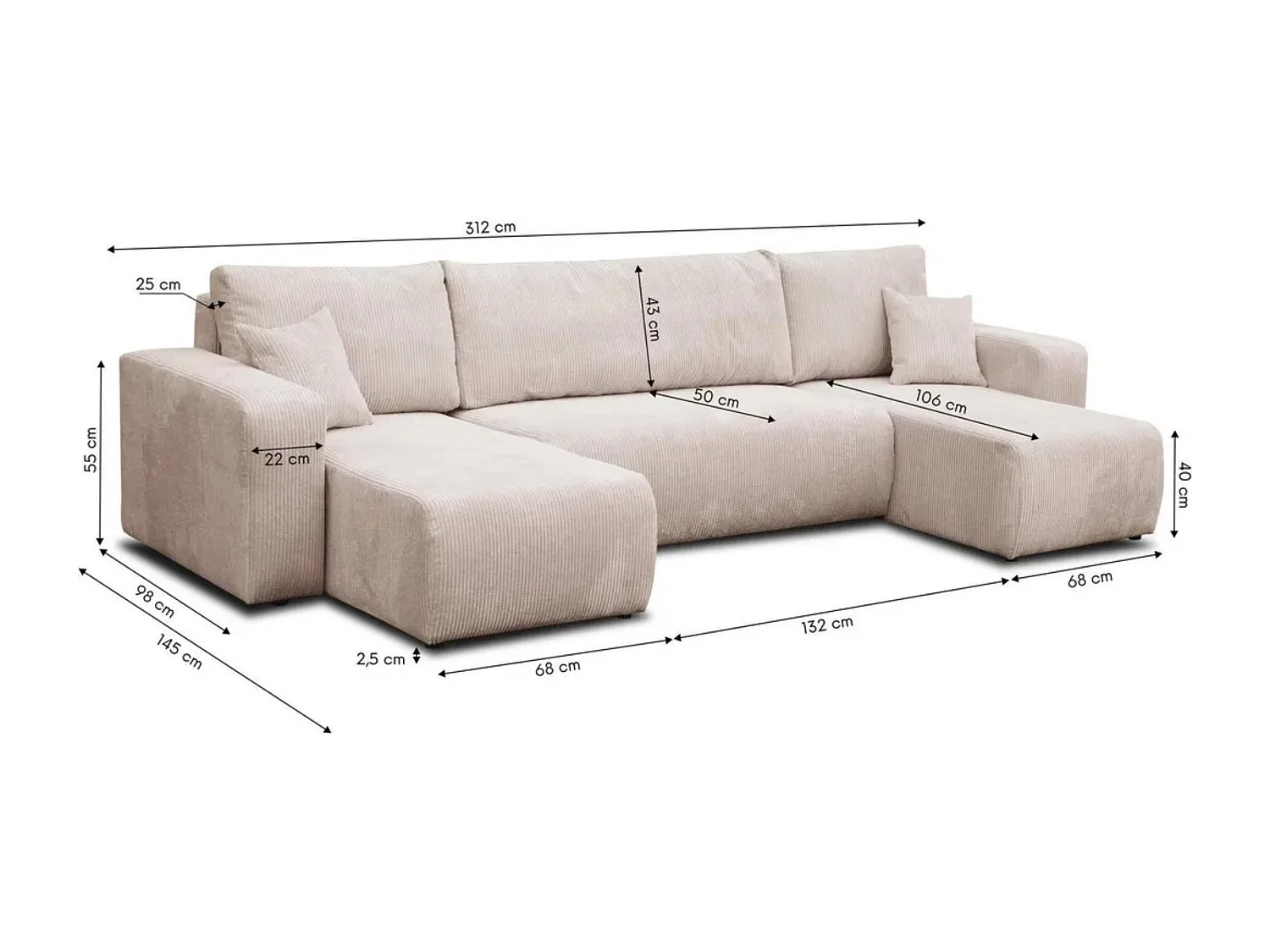 Ensemble de salon Luna U, canapé en U avec fonction couchage et coffre de rangement, couleur : beige, tissu cordé