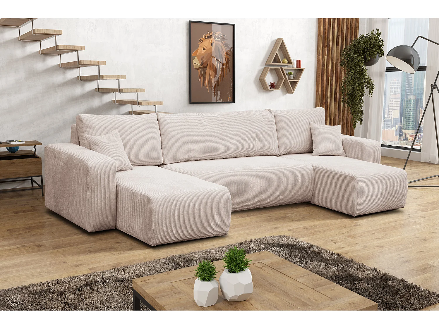 Woonkamermeubel Luna U, U-vormige bank met slaapfunctie en bedbak, kleur: beige, corduroy