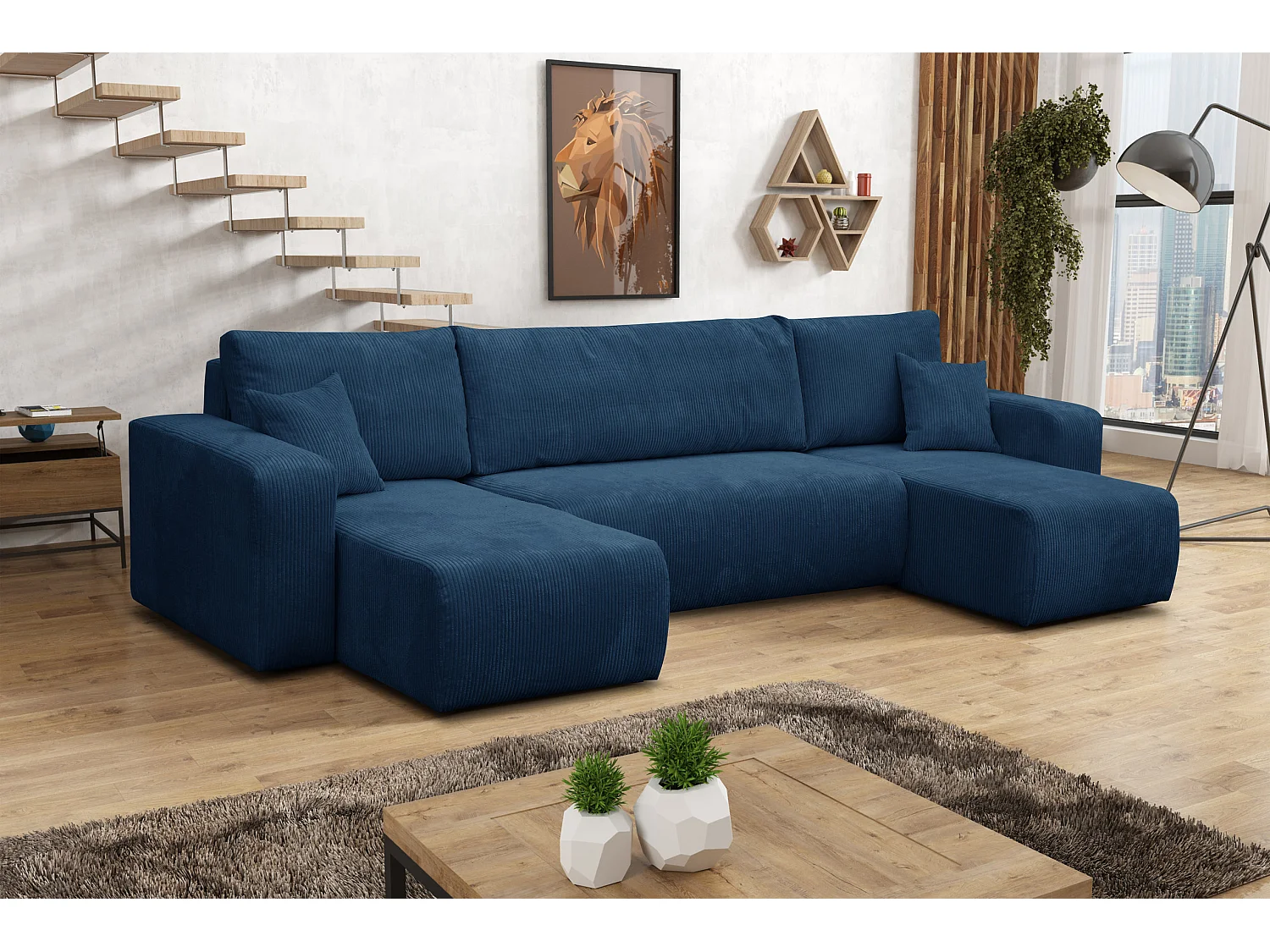 Ensemble de salon Luna U, canapé en U avec fonction couchage et coffre de rangement, couleur : bleu, tissu cordé