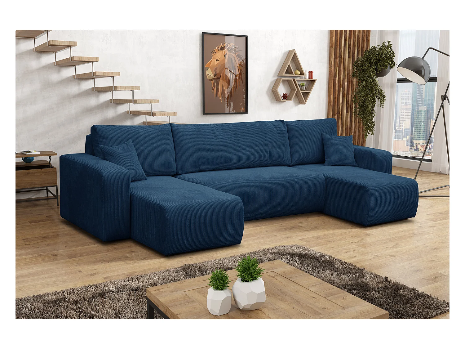Ensemble de salon Luna U, canapé en U avec fonction couchage et coffre de rangement, couleur : bleu, tissu cordé