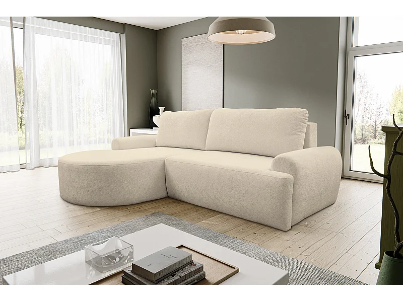 Canapé d'angle Dream avec fonction couchage et coffre de rangement, couleur : beige, tissu bouclé, pouf à gauche
