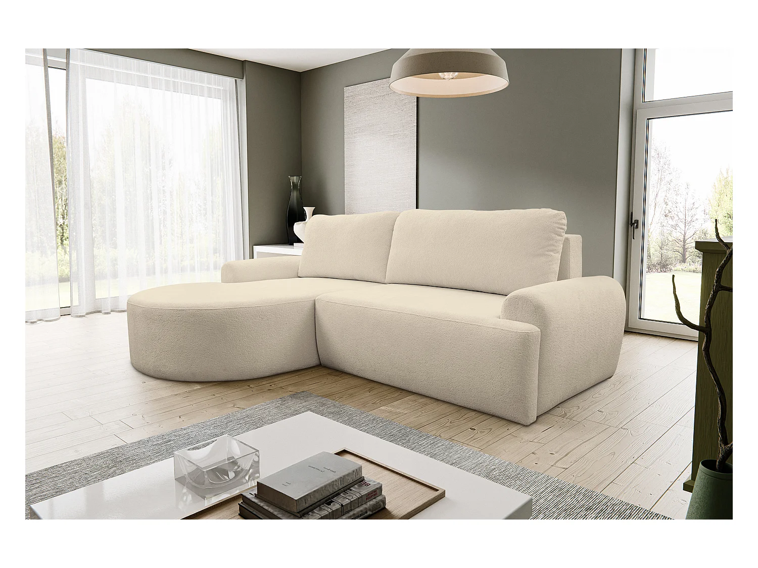 Canapé d'angle Dream avec fonction couchage et coffre de rangement, couleur : beige, tissu bouclé, pouf à gauche