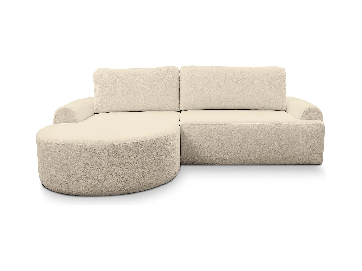 Canapé d'angle Dream avec fonction couchage et coffre de rangement, couleur : beige, tissu bouclé, pouf à gauche