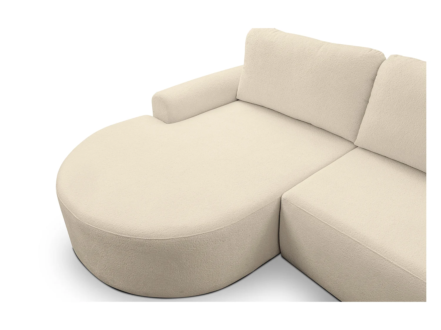 Canapé d'angle Dream avec fonction couchage et coffre de rangement, couleur : beige, tissu bouclé, pouf à gauche