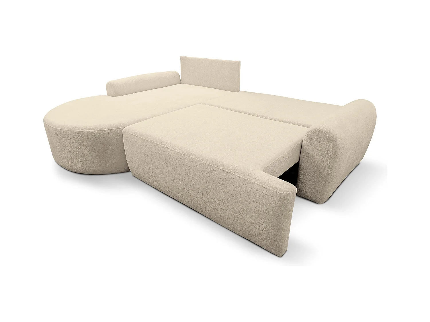 Canapé d'angle Dream avec fonction couchage et coffre de rangement, couleur : beige, tissu bouclé, pouf à gauche