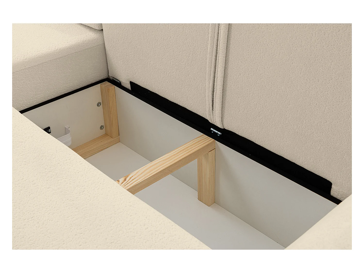 Canapé d'angle Dream avec fonction couchage et coffre de rangement, couleur : beige, tissu bouclé, pouf à gauche