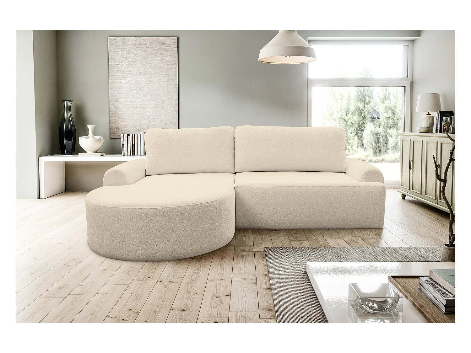 Canapé d'angle Dream avec fonction couchage et coffre de rangement, couleur : beige, tissu bouclé, pouf à gauche