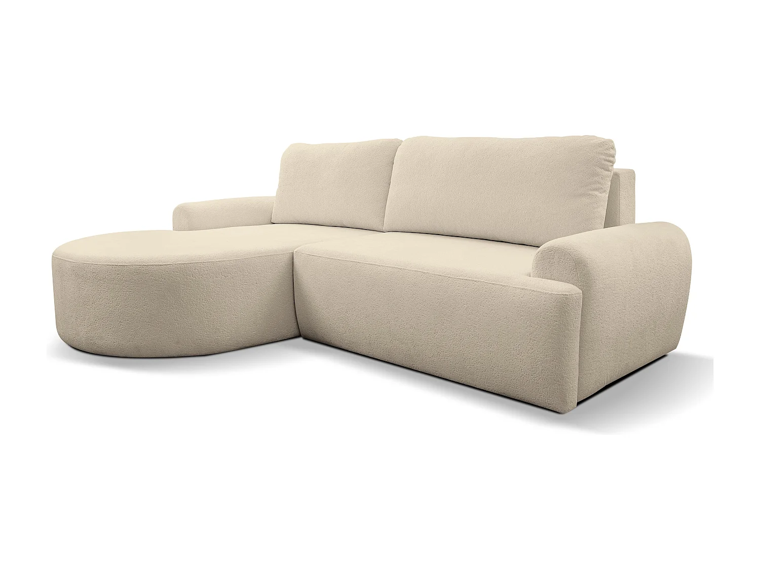 Canapé d'angle Dream avec fonction couchage et coffre de rangement, couleur : beige, tissu bouclé, pouf à gauche