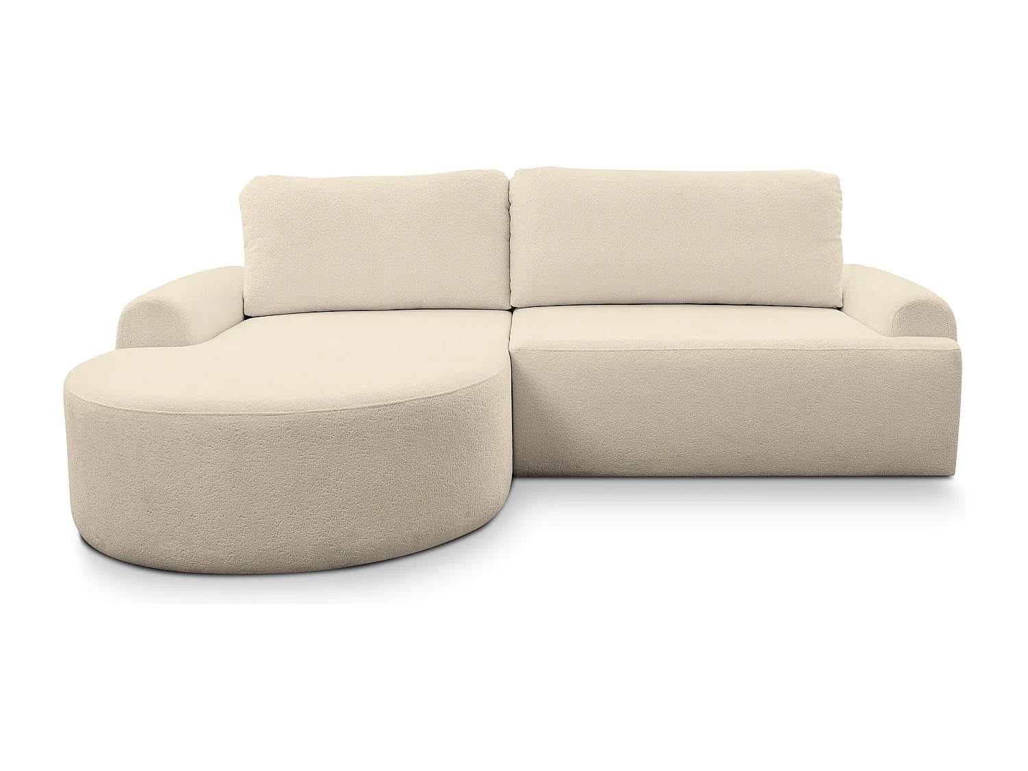 Canapé d'angle Dream avec fonction couchage et coffre de rangement, couleur : beige, tissu bouclé, pouf à gauche