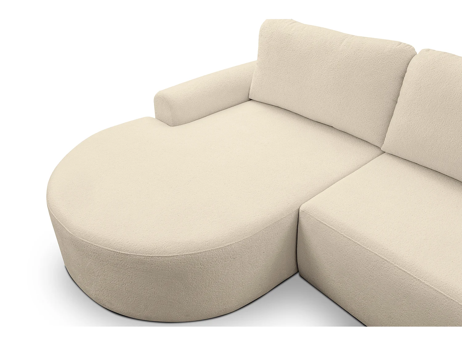 Canapé d'angle Dream avec fonction couchage et coffre de rangement, couleur : beige, tissu bouclé, pouf à gauche