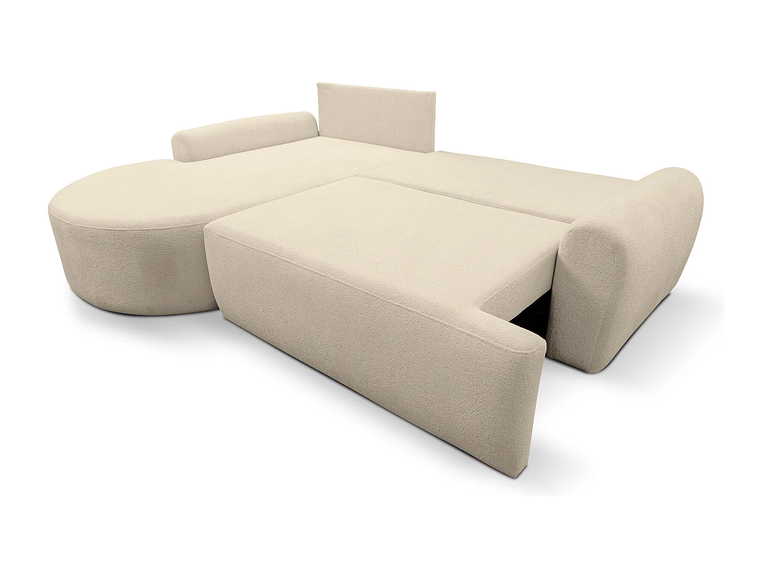 Canapé d'angle Dream avec fonction couchage et coffre de rangement, couleur : beige, tissu bouclé, pouf à gauche