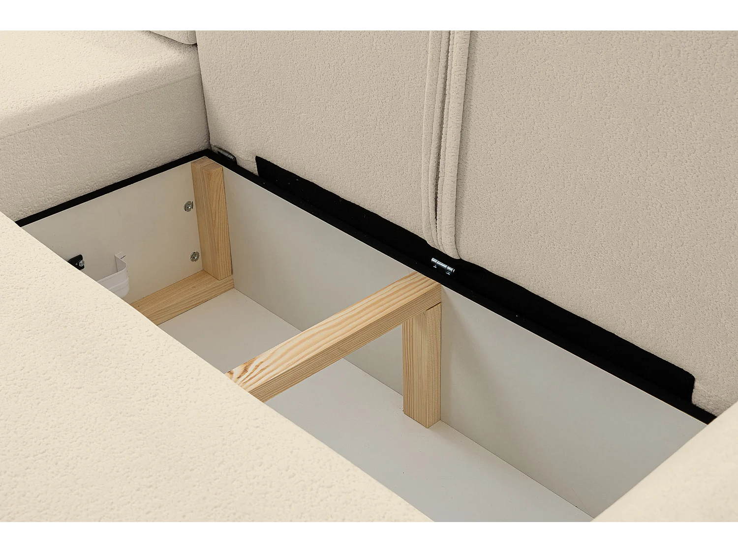 Canapé d'angle Dream avec fonction couchage et coffre de rangement, couleur : beige, tissu bouclé, pouf à gauche