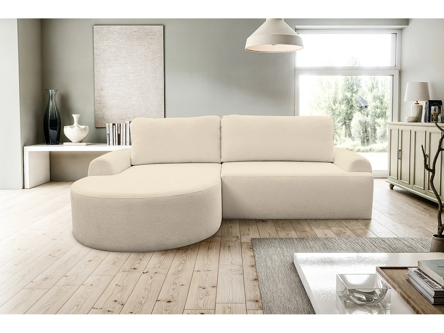 Canapé d'angle Dream avec fonction couchage et coffre de rangement, couleur : beige, tissu bouclé, pouf à gauche