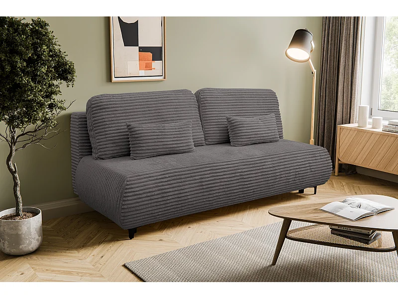 Canapé-lit Etna, canapé avec fonction couchage et coffre de rangement, couleur : gris, tissu cordé, pouf universel