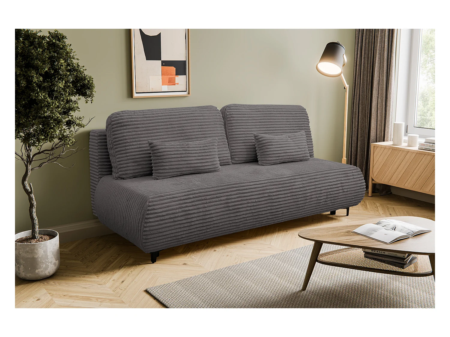 Canapé-lit Etna, canapé avec fonction couchage et coffre de rangement, couleur : gris, tissu cordé, pouf universel