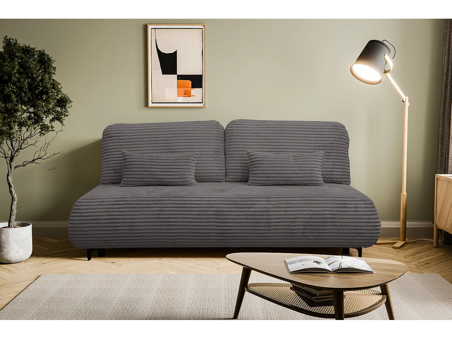 Canapé-lit Etna, canapé avec fonction couchage et coffre de rangement, couleur : gris, tissu cordé, pouf universel