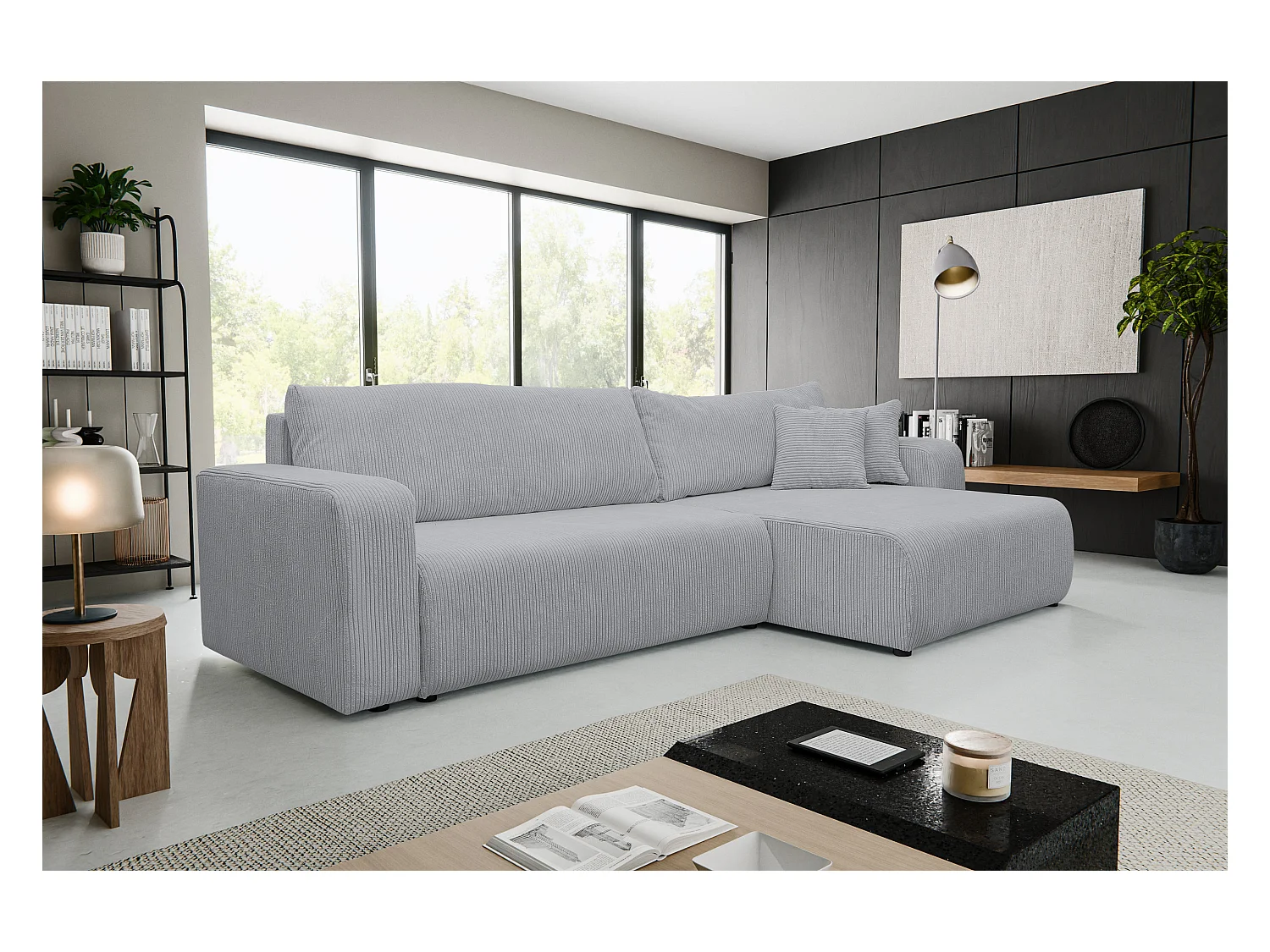 Hoekbank Luna XL, hoekbank in L-vorm met slaapfunctie en bedbak, kleur: grijs, corduroy, ottomane links of rechts