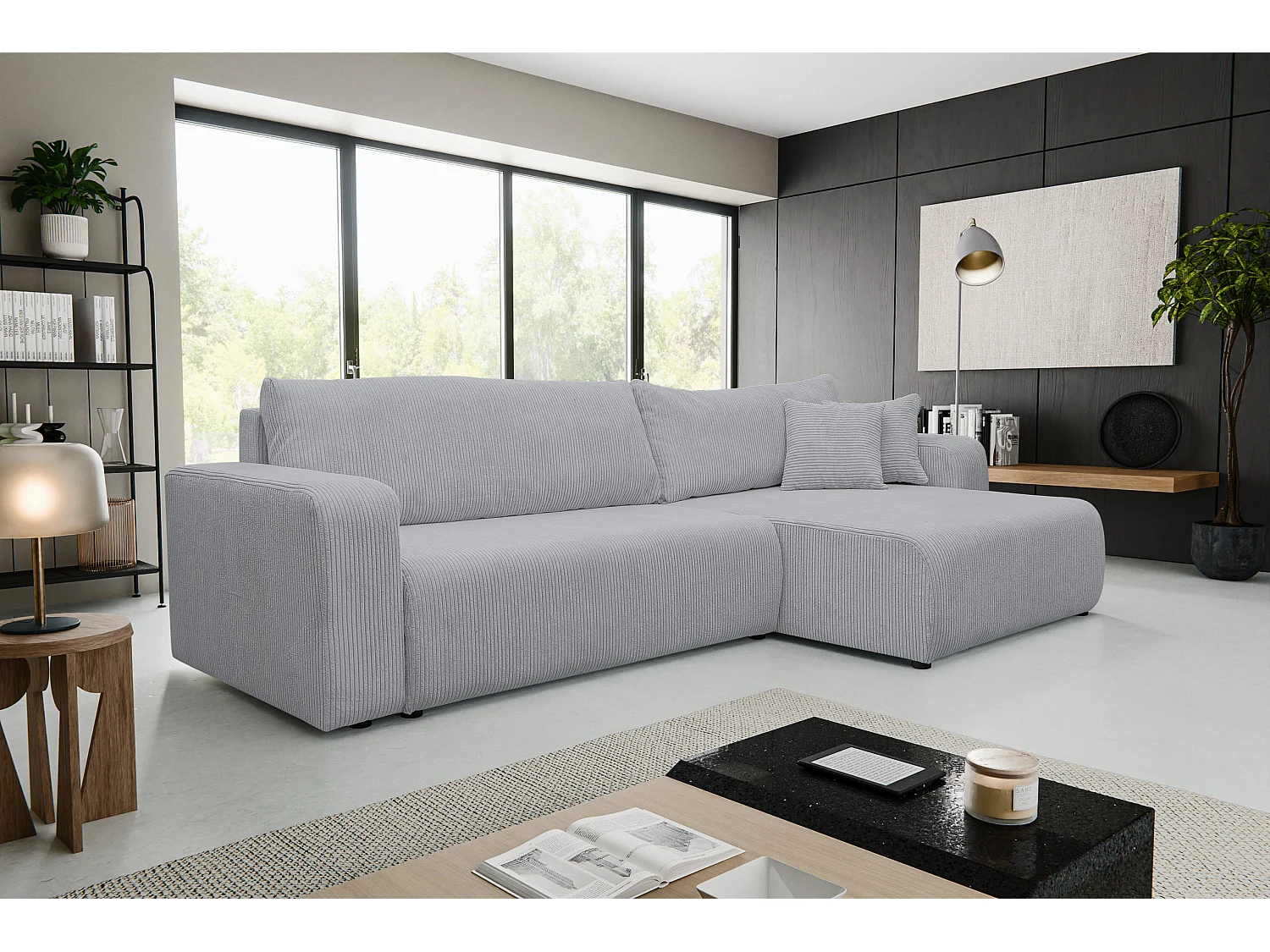 Canapé d'angle Luna XL avec fonction couchage et coffre de rangement, couleur : gris, tissu cordé, ottomane à gauche ou à droite