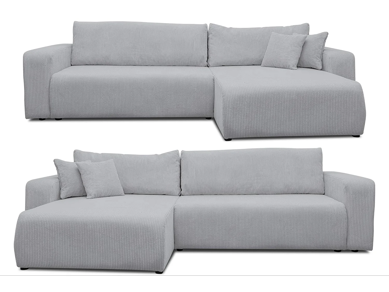 Canapé d'angle Luna XL avec fonction couchage et coffre de rangement, couleur : gris, tissu cordé, ottomane à gauche ou à droite