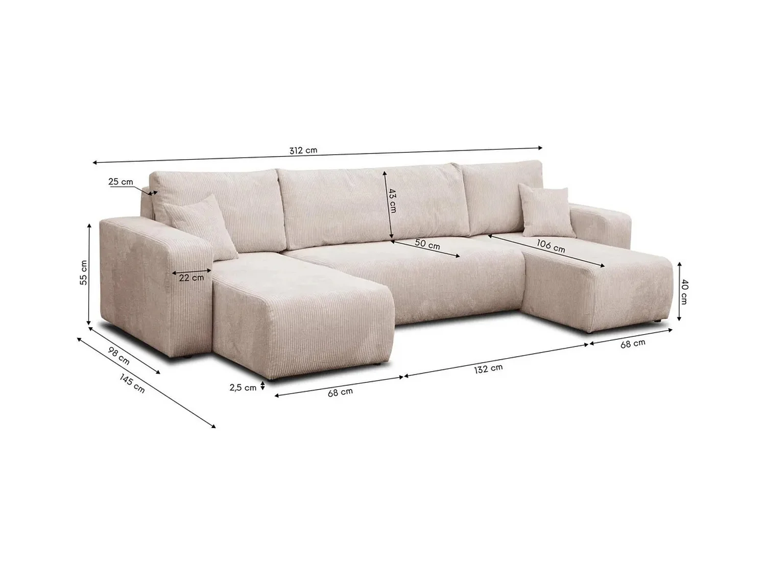 Ensemble de salon Luna U, canapé en U avec fonction couchage et coffre de rangement, couleur : noir, tissu velours