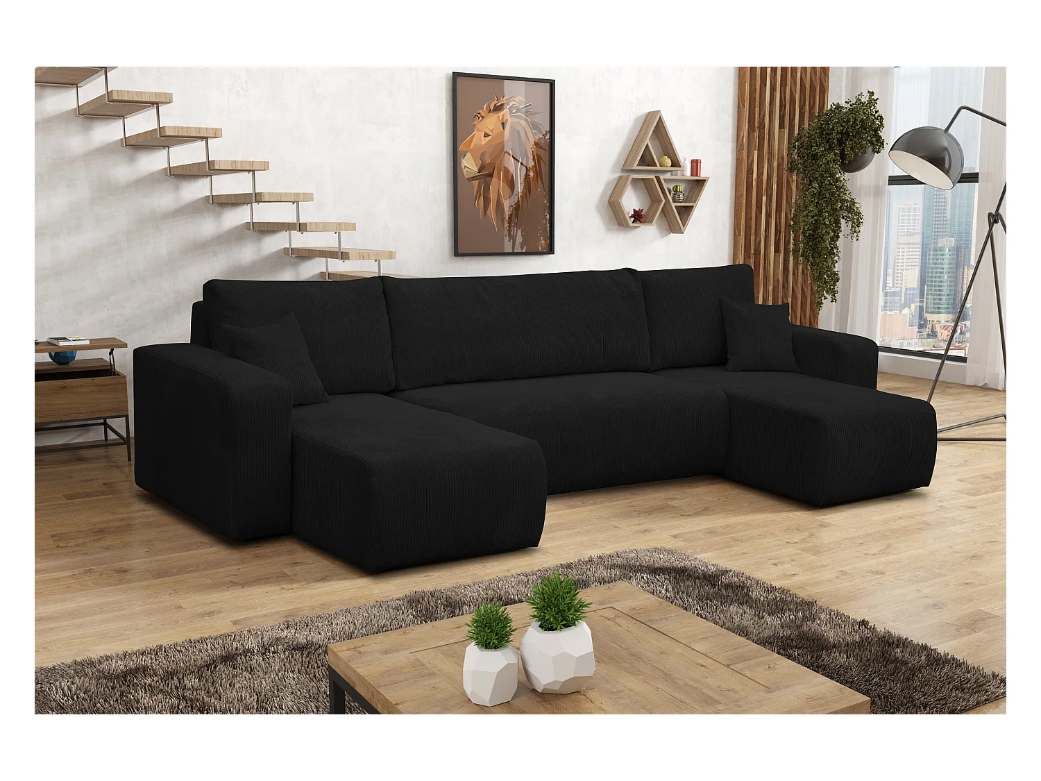 Ensemble de salon Luna U, canapé en U avec fonction couchage et coffre de rangement, couleur : noir, tissu velours