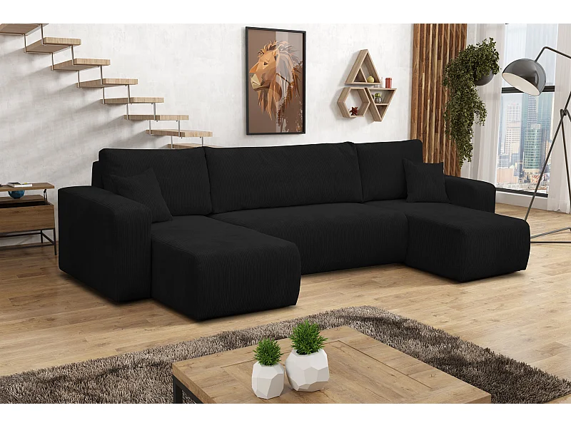 Ensemble de salon Luna U, canapé en U avec fonction couchage et coffre de rangement, couleur : noir, tissu velours