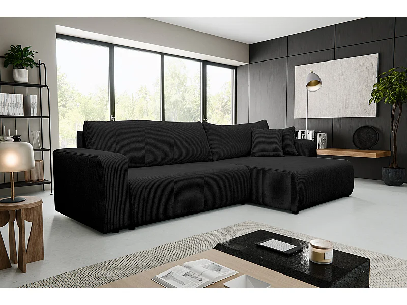 Canapé d'angle Luna XL avec fonction couchage et coffre de rangement, couleur : noir, tissu velours côtelé, pouf à gauche ou à droite