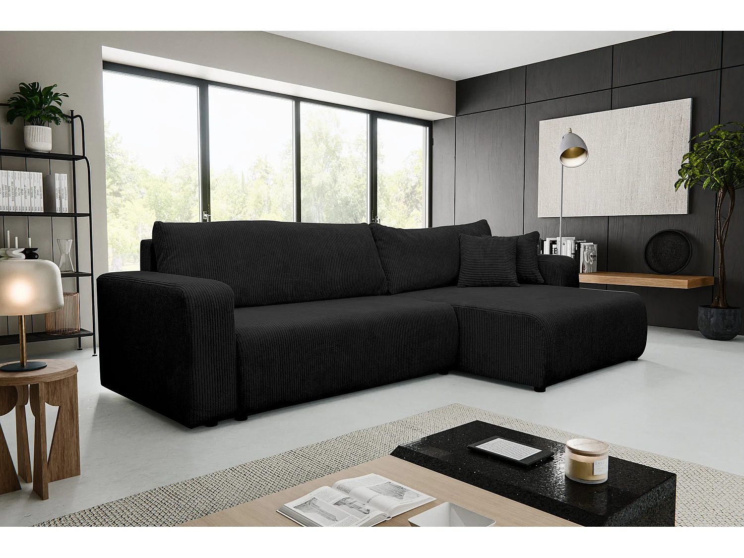 Canapé d'angle Luna XL avec fonction couchage et coffre de rangement, couleur : noir, tissu velours côtelé, pouf à gauche ou à droite