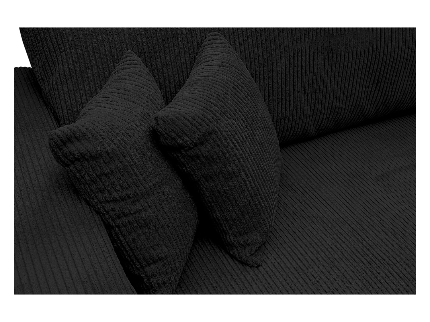 Canapé d'angle Luna XL avec fonction couchage et coffre de rangement, couleur : noir, tissu velours côtelé, pouf à gauche ou à droite