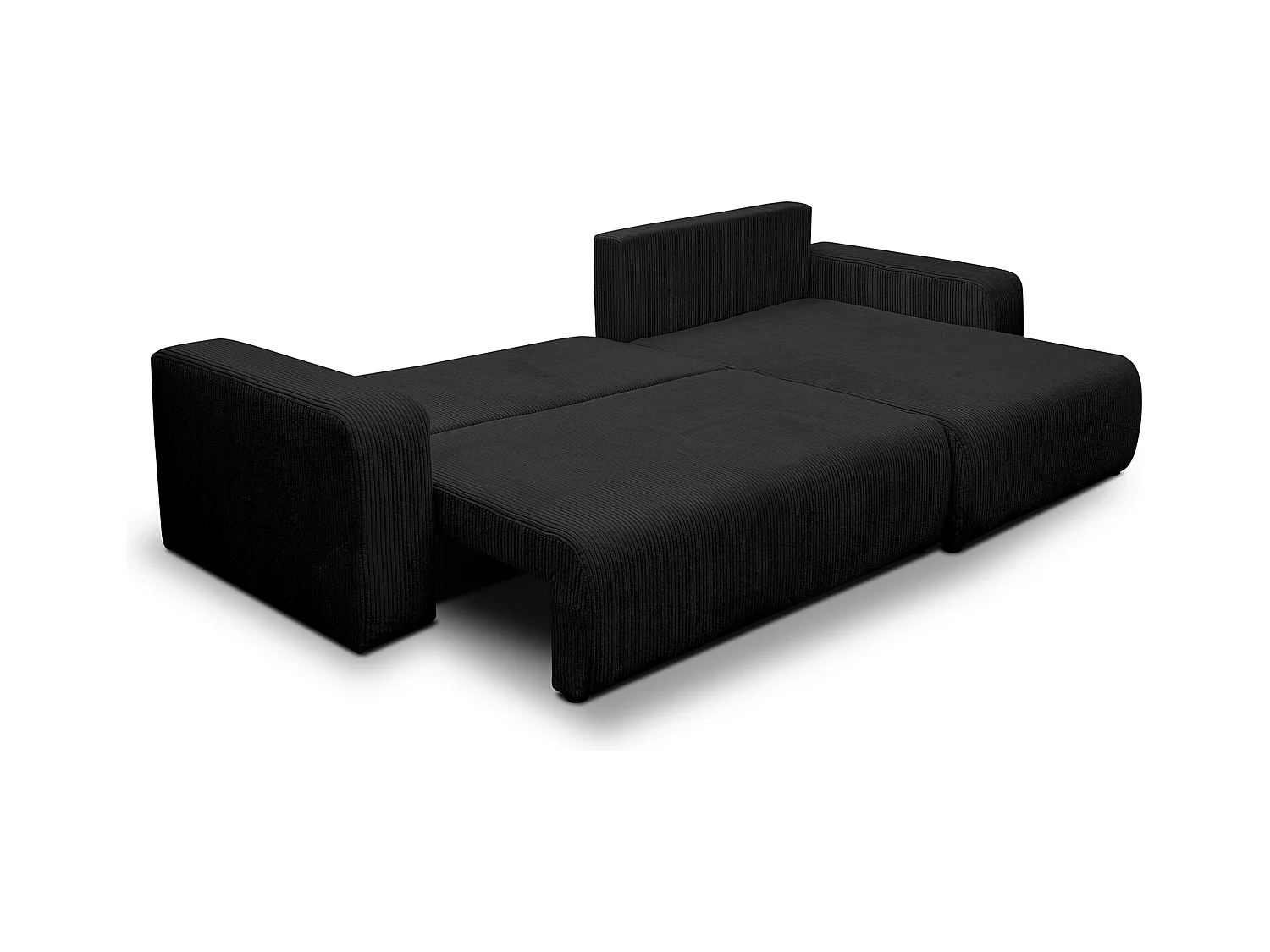 Canapé d'angle Luna XL avec fonction couchage et coffre de rangement, couleur : noir, tissu velours côtelé, pouf à gauche ou à droite