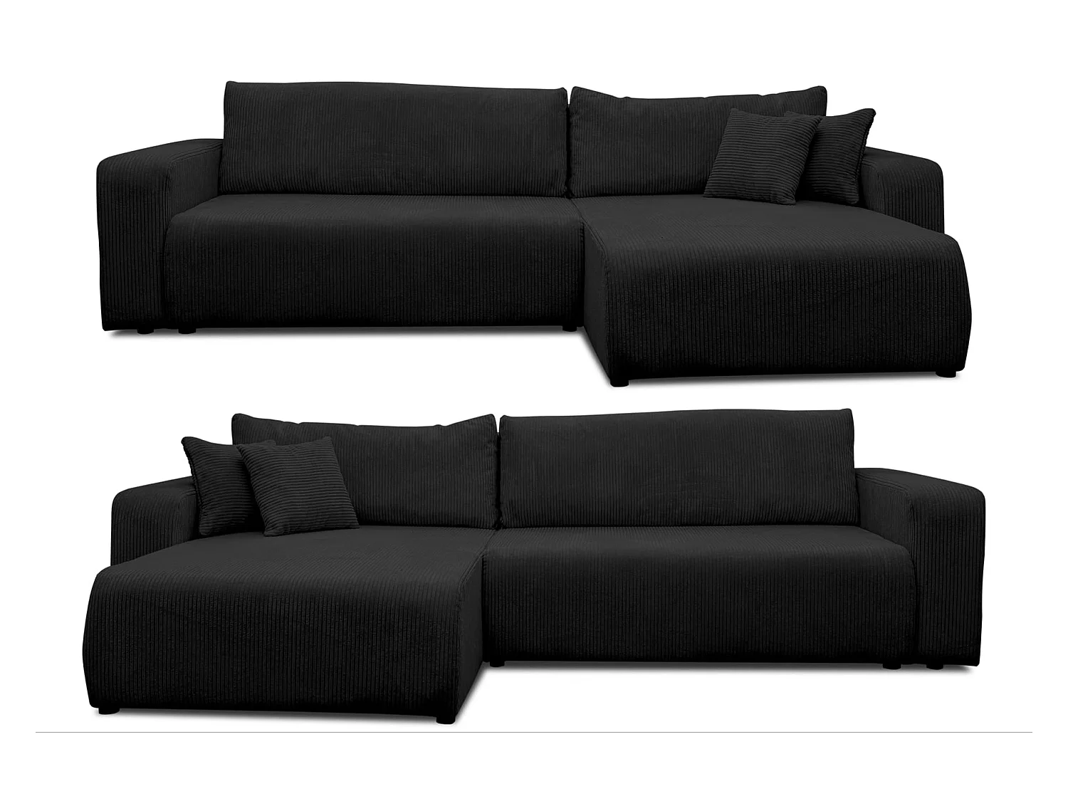 Canapé d'angle Luna XL avec fonction couchage et coffre de rangement, couleur : noir, tissu velours côtelé, pouf à gauche ou à droite