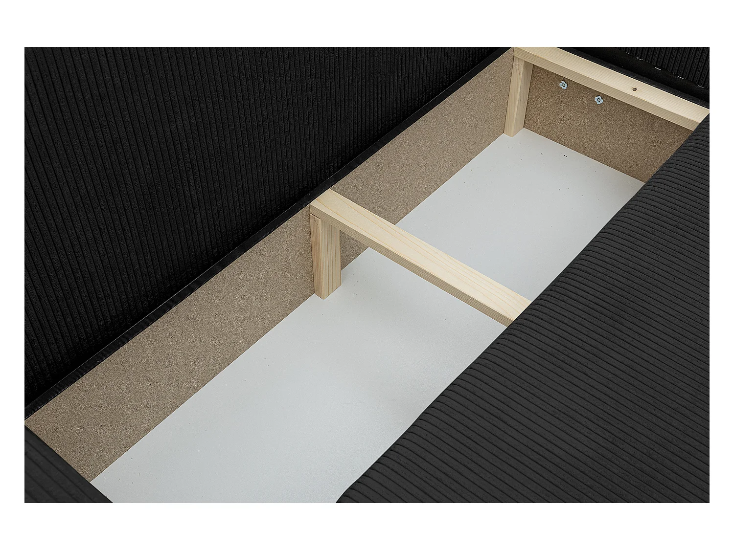 Canapé d'angle Luna XL avec fonction couchage et coffre de rangement, couleur : noir, tissu velours côtelé, pouf à gauche ou à droite