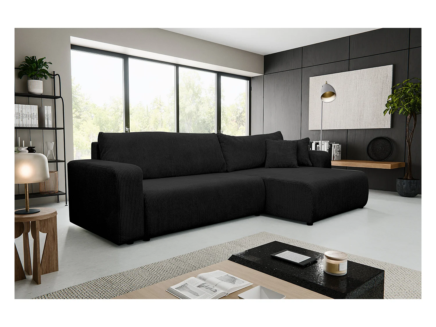 Hoekbank Luna XL, hoekbank in L-vorm met slaapfunctie en bedbak, kleur: zwart, corduroy, ottomane links of rechts