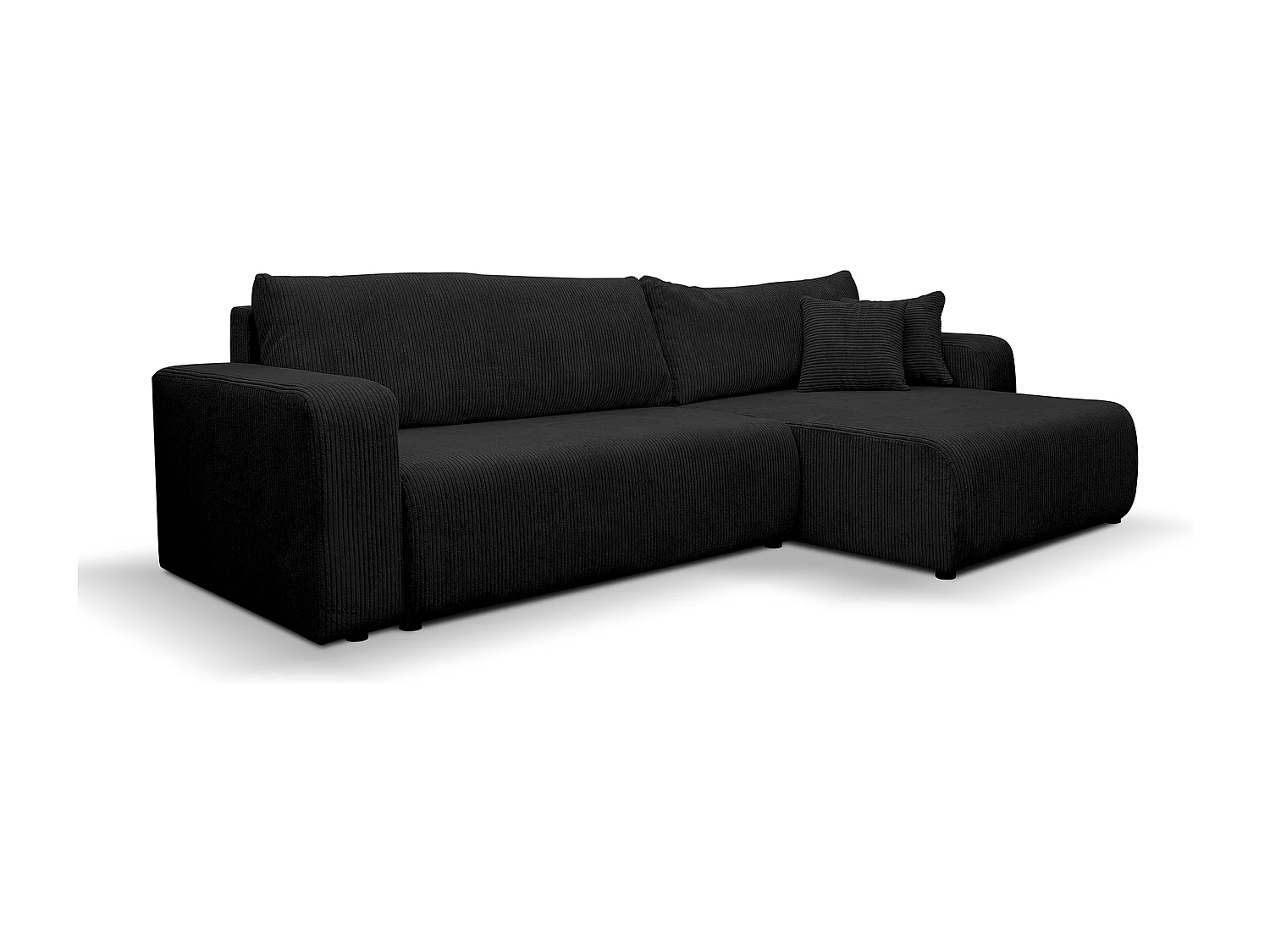 Canapé d'angle Luna XL avec fonction couchage et coffre de rangement, couleur : noir, tissu velours côtelé, pouf à gauche ou à droite