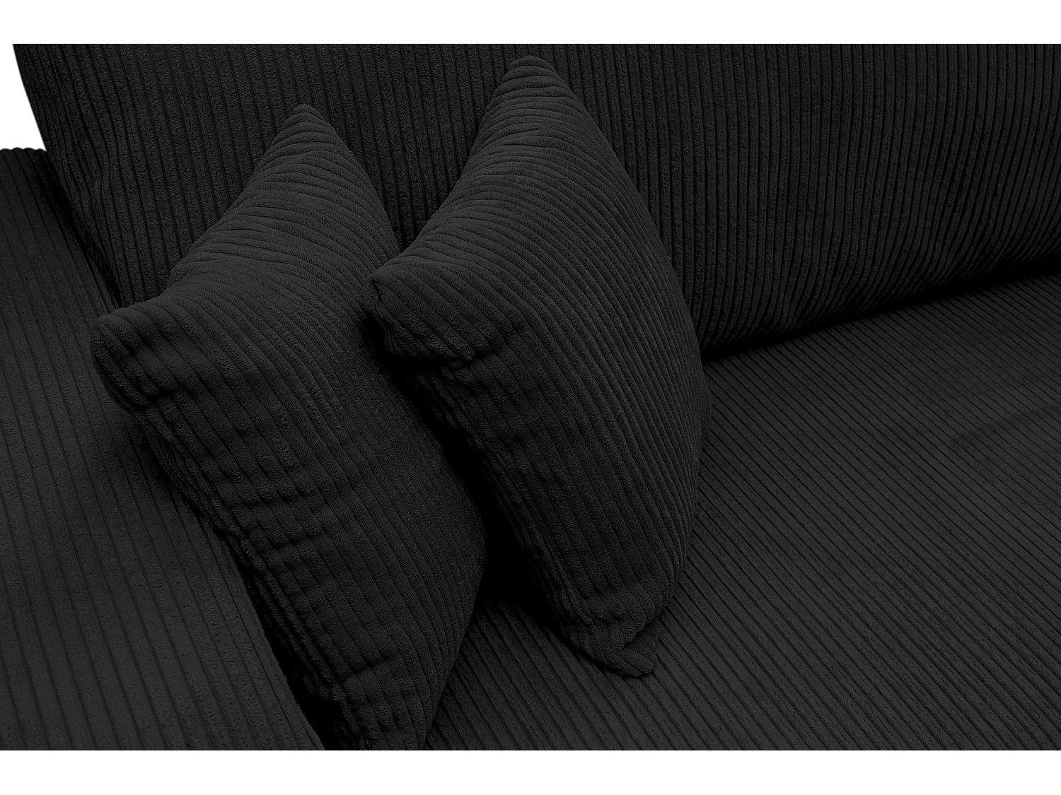 Canapé d'angle Luna XL avec fonction couchage et coffre de rangement, couleur : noir, tissu velours côtelé, pouf à gauche ou à droite