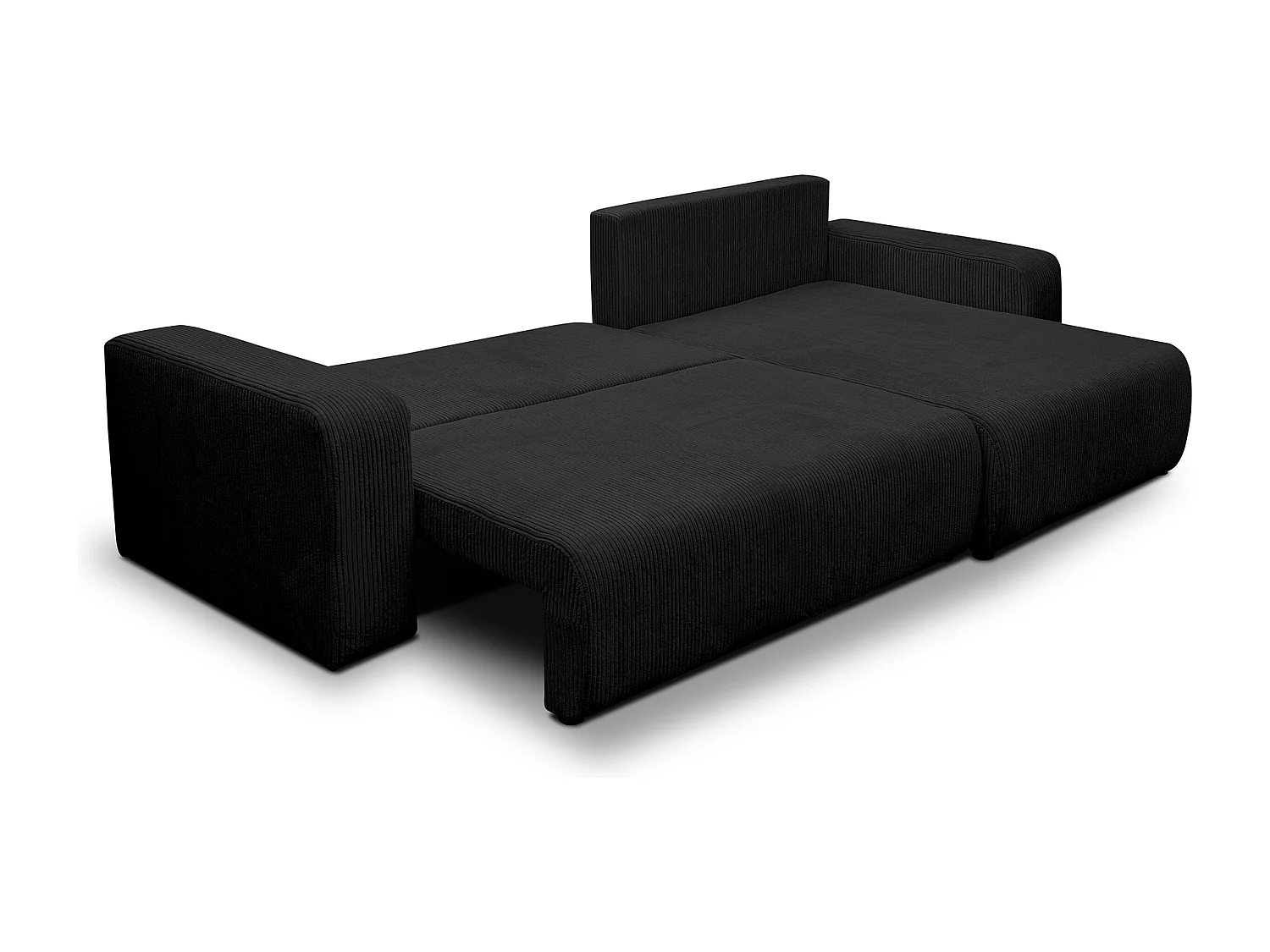 Canapé d'angle Luna XL avec fonction couchage et coffre de rangement, couleur : noir, tissu velours côtelé, pouf à gauche ou à droite
