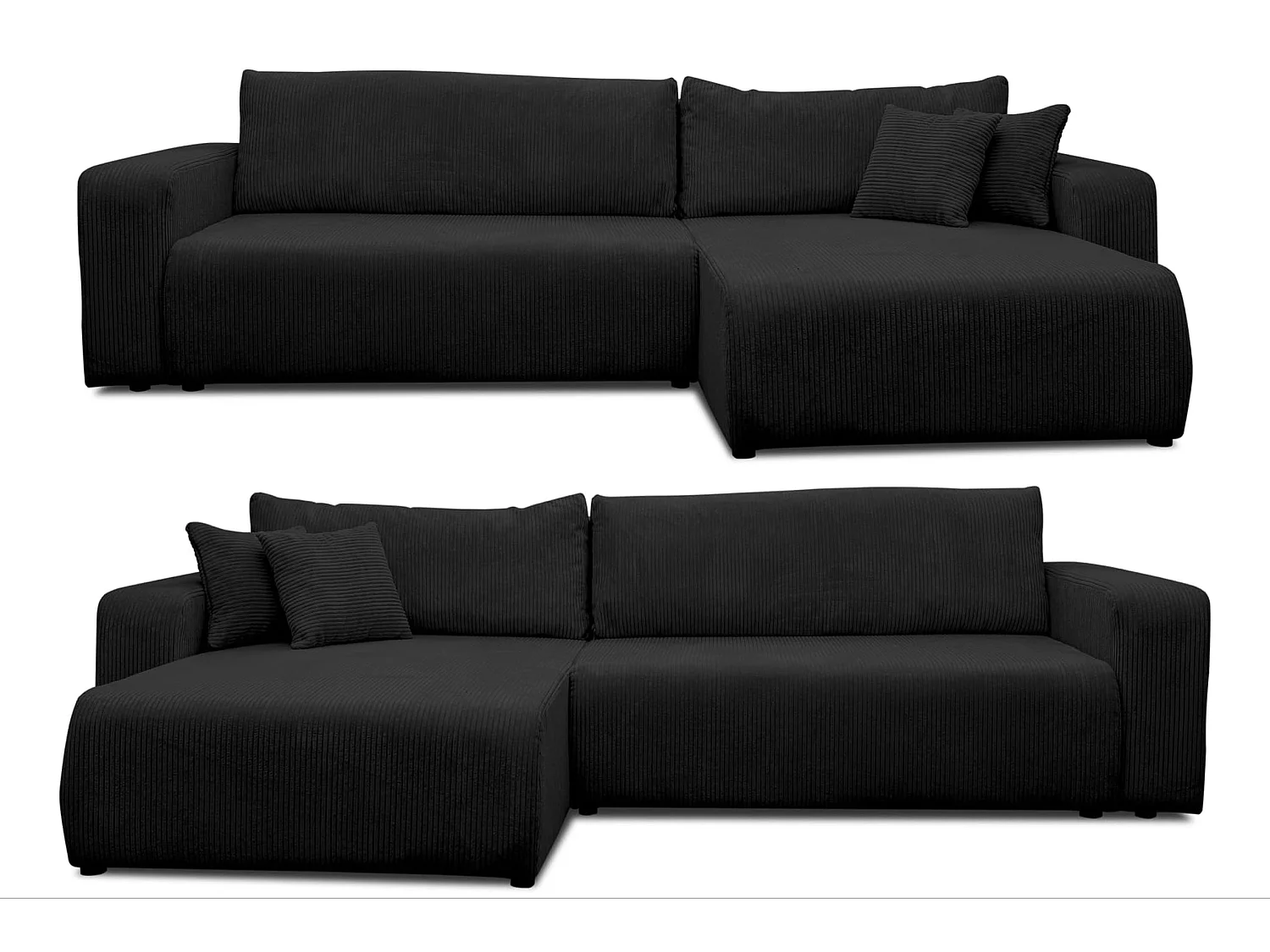 Canapé d'angle Luna XL avec fonction couchage et coffre de rangement, couleur : noir, tissu velours côtelé, pouf à gauche ou à droite