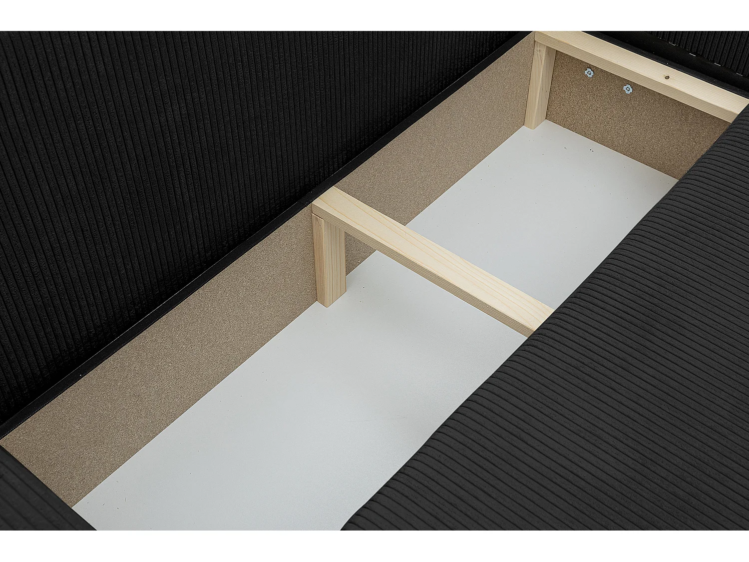 Canapé d'angle Luna XL avec fonction couchage et coffre de rangement, couleur : noir, tissu velours côtelé, pouf à gauche ou à droite