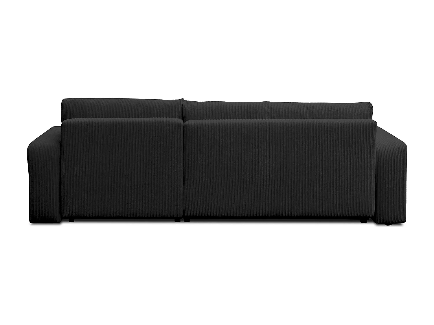 Canapé d'angle Luna XL avec fonction couchage et coffre de rangement, couleur : noir, tissu velours côtelé, pouf à gauche ou à droite