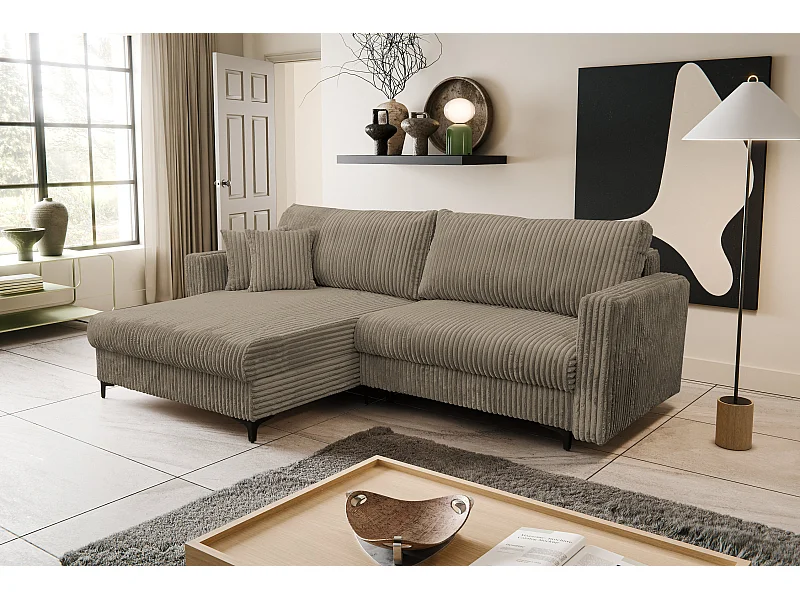 Ecksofa Como, Eckcouch in L-Form mit Schlaffunktion und Bettkasten, Farbe: Braun, Cordstoff, Ottomane Links