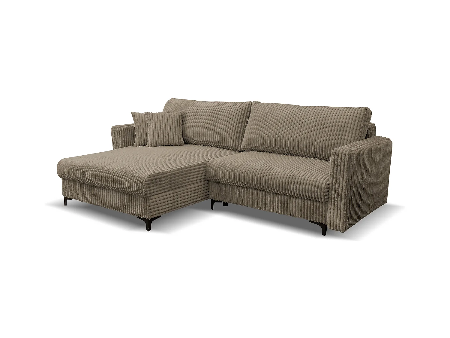 Canapé d'angle Como avec fonction de couchage et coffre de rangement, couleur : marron, tissu cordé, pouf à gauche