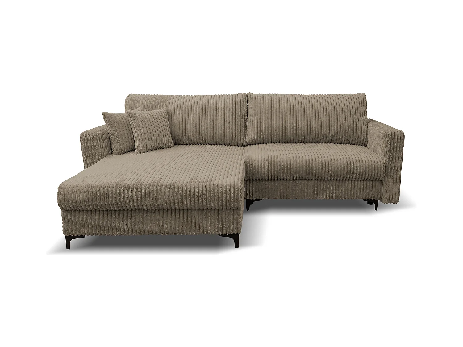 Canapé d'angle Como avec fonction de couchage et coffre de rangement, couleur : marron, tissu cordé, pouf à gauche